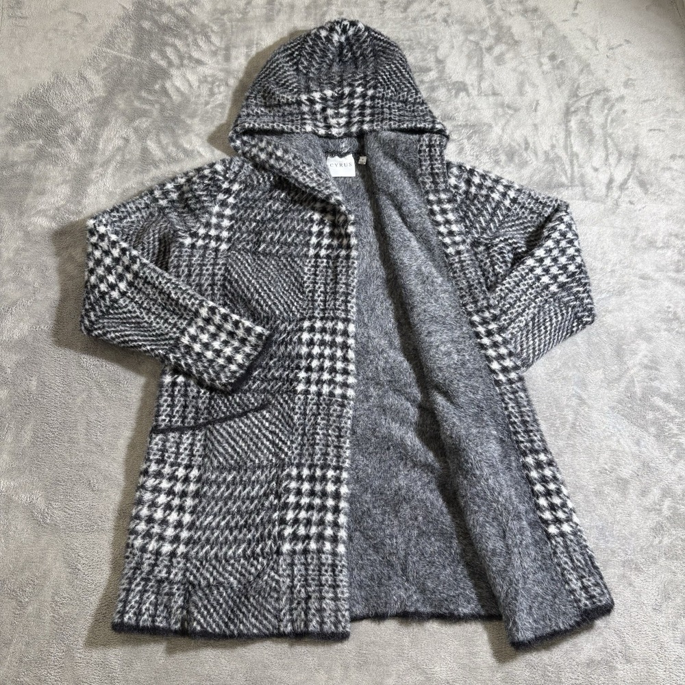 Cyrus Womens Black White Plaid Open Front Fur Cardigan Sweater Heavy Small